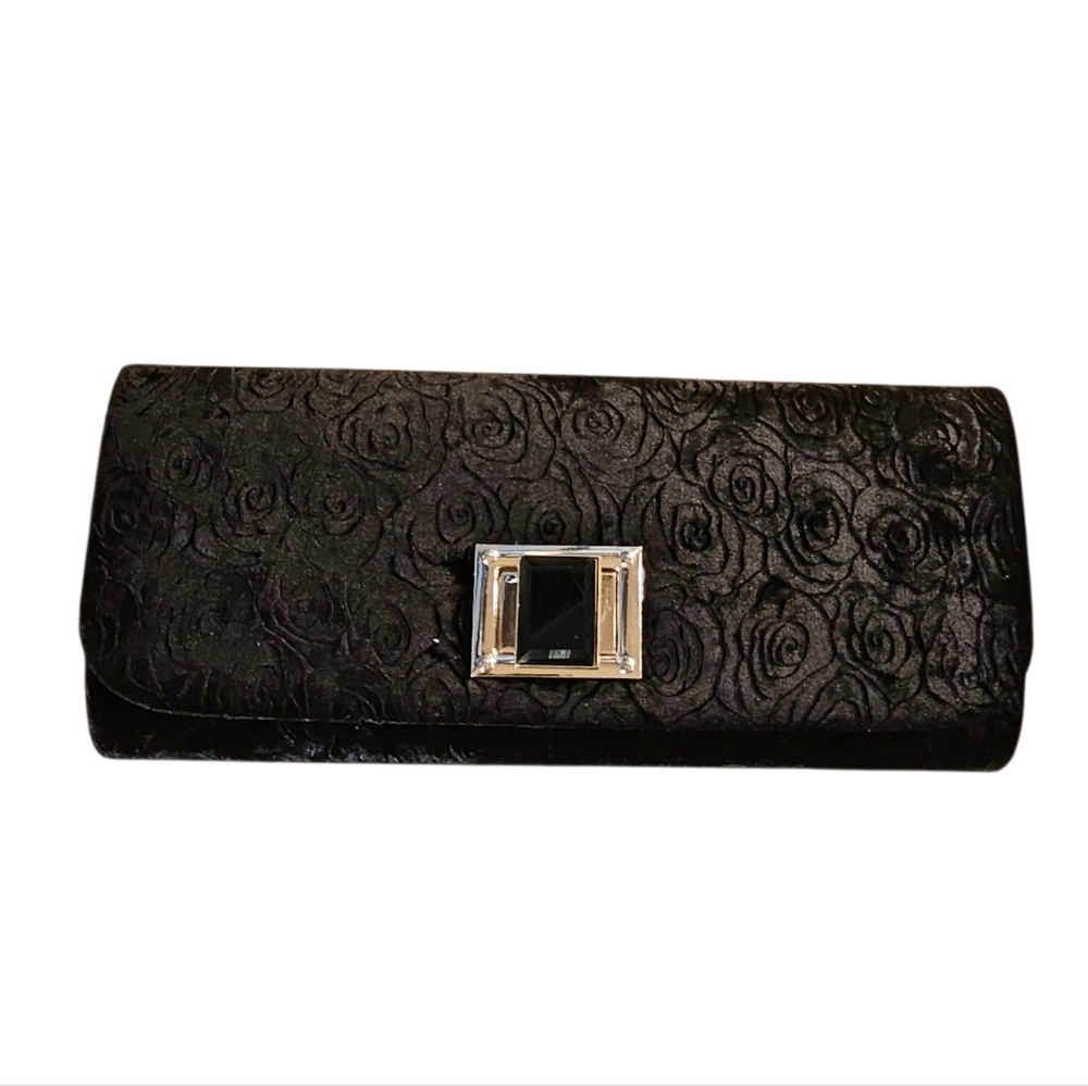 d'margeaux New York Black Velvet Floral Embossed Clutch With Chain Strap